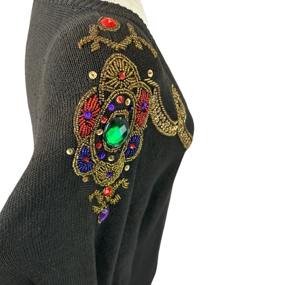 SML Beaded Sweater Large Black Gold Braid‎ Jewel Party NYE Holiday Glam Vintage - Picture 5 of 14